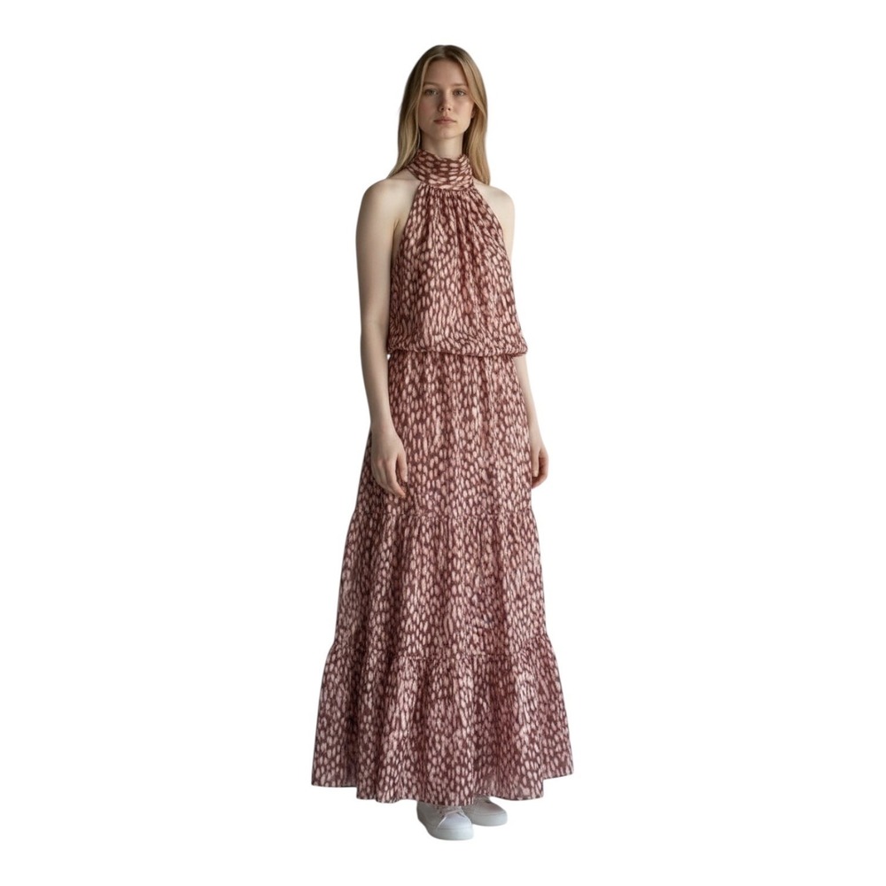 Evereve Sabina Dress Red Leopard Halter Tiered Maxi M - Picture 2 of 5